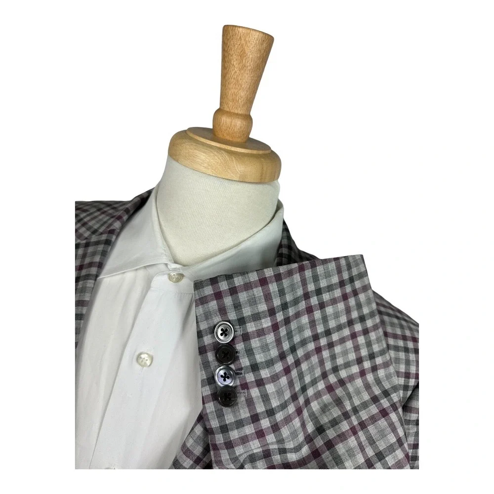 Samuelsohn Current SB Castle Super 130s Wool Purple Gray Checked Blazer Size 46L